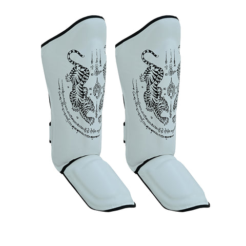 PMA Twin Tigers Muay Thai Boxing Gloves & Shin Pads Set - White
