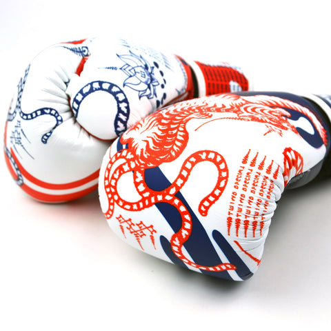 Twins Sak Yant Boxing Gloves White-Red