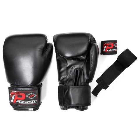 Boxing Gloves Leather - With Free Boxing Wraps - Black - 4oz