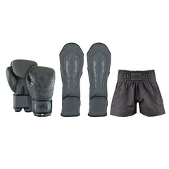 Twin Tigers Muay Thai Boxing Gloves, Shin Pads & Shorts - Grey