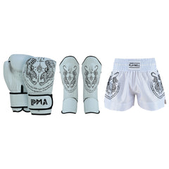 Twin Tigers Muay Thai Boxing Gloves, Shin Pads & Shorts - White