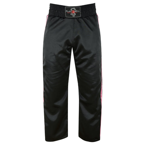 Ladies Black Satin Kickboxing Trouser - With 2 Pink Stripes